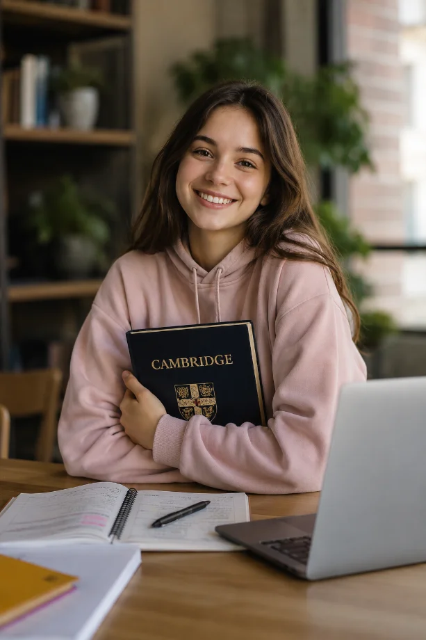 Foto elevă cu cartea Cambridge