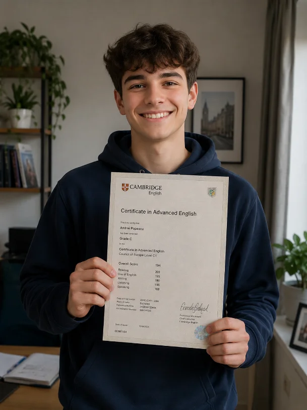 Foto elev cu certificat Cambridge
